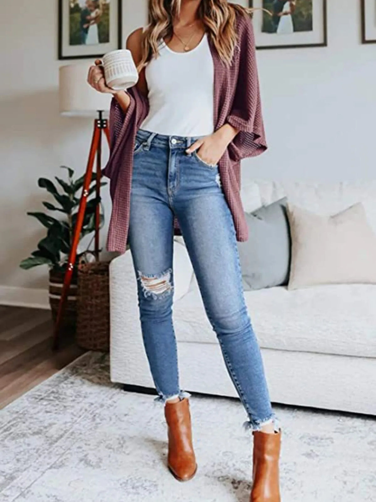 Full Size Open Front Waffle Knit Cardigan Plus Size