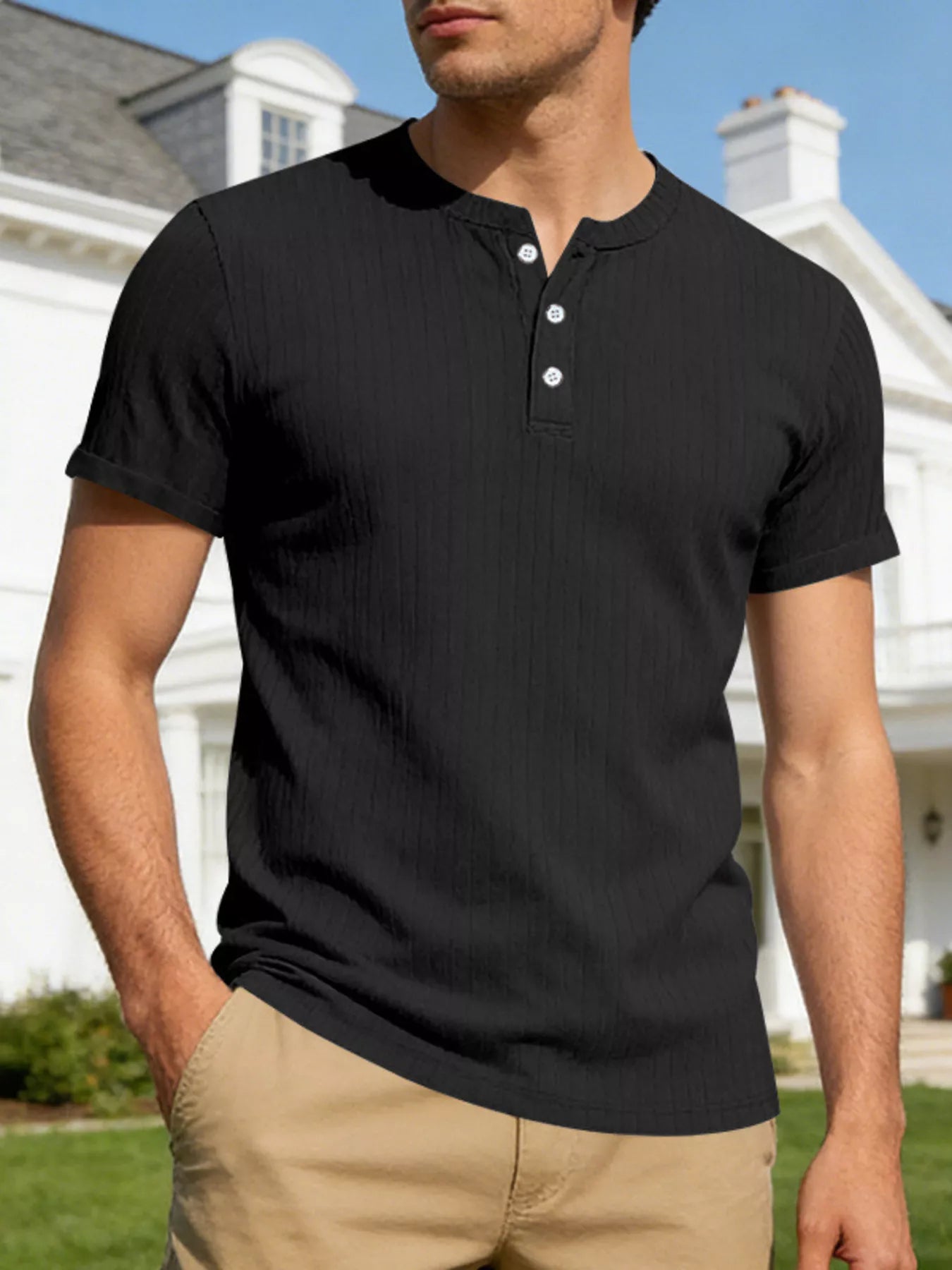 Men's Full Size Casual Ribbed Henley T-Shirt Plus Size
