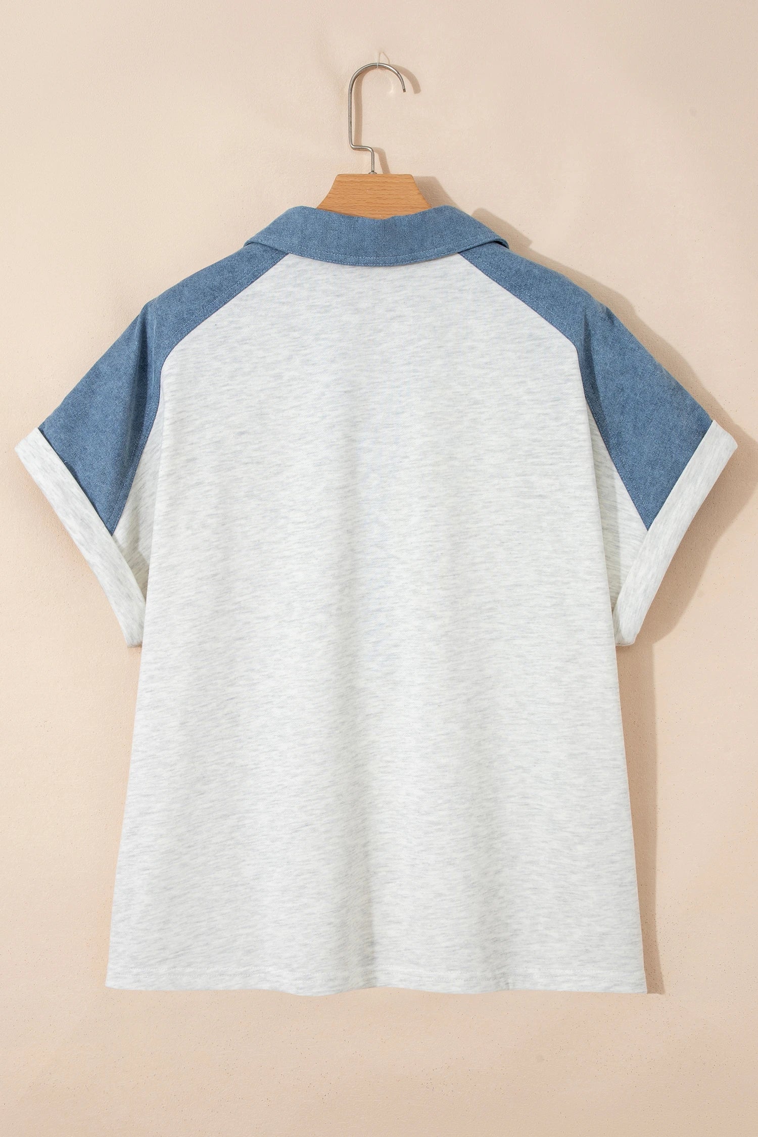 Plus Size Denim Patchwork Cuff Sleeve Polo Tee