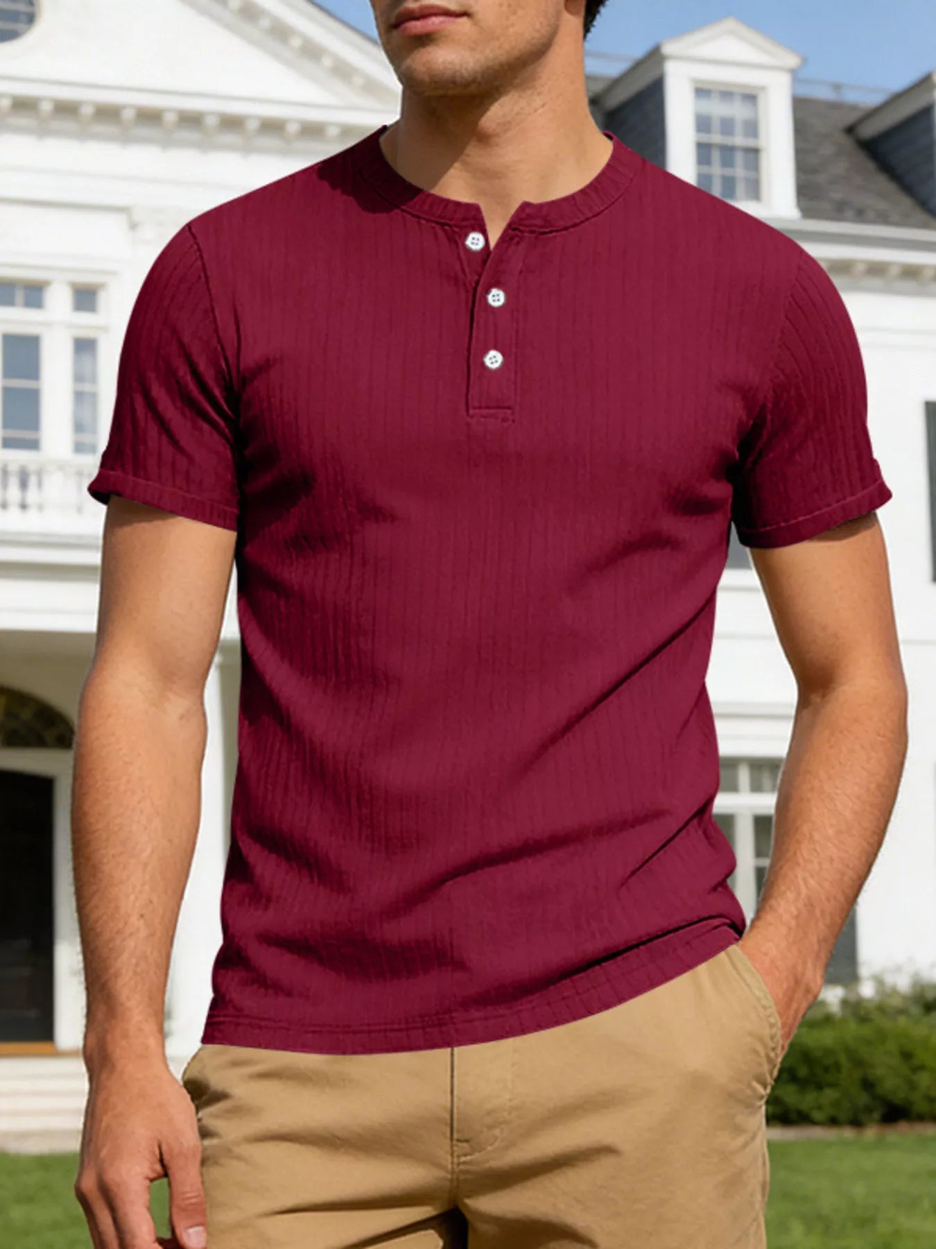 Men's Full Size Casual Ribbed Henley T-Shirt Plus Size