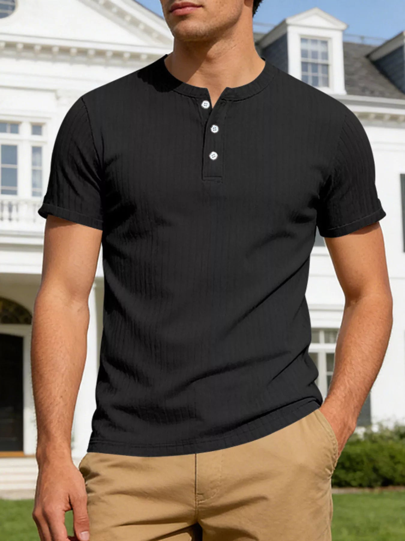 Men's Full Size Casual Ribbed Henley T-Shirt Plus Size