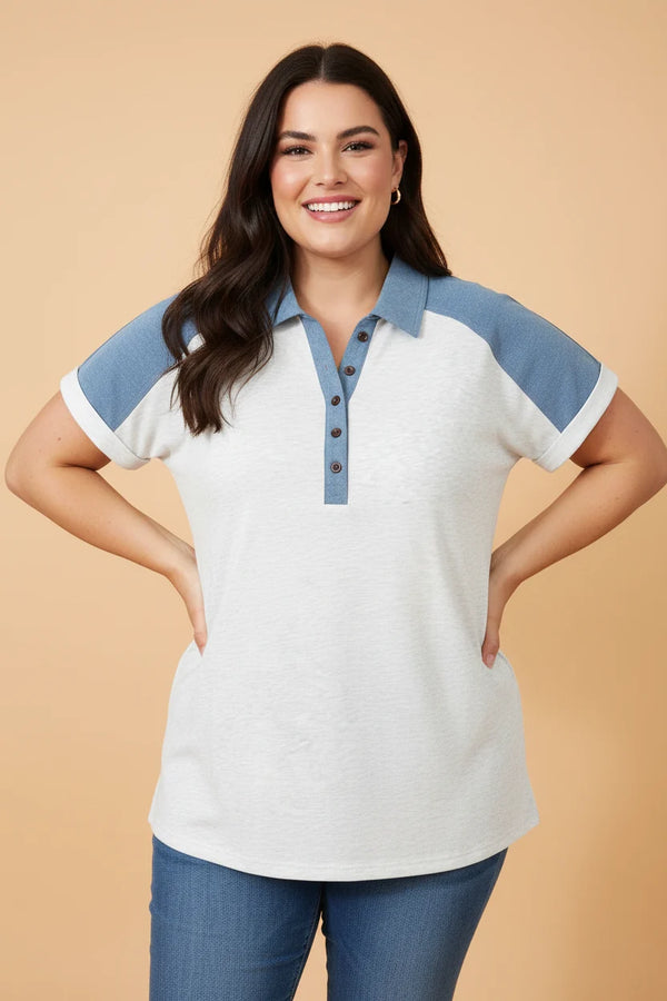 Plus Size Denim Patchwork Cuff Sleeve Polo Tee