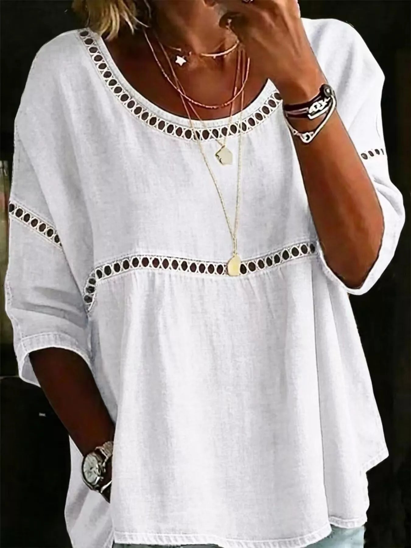 Full Size Hollow Out Round Neck Top Plus Size