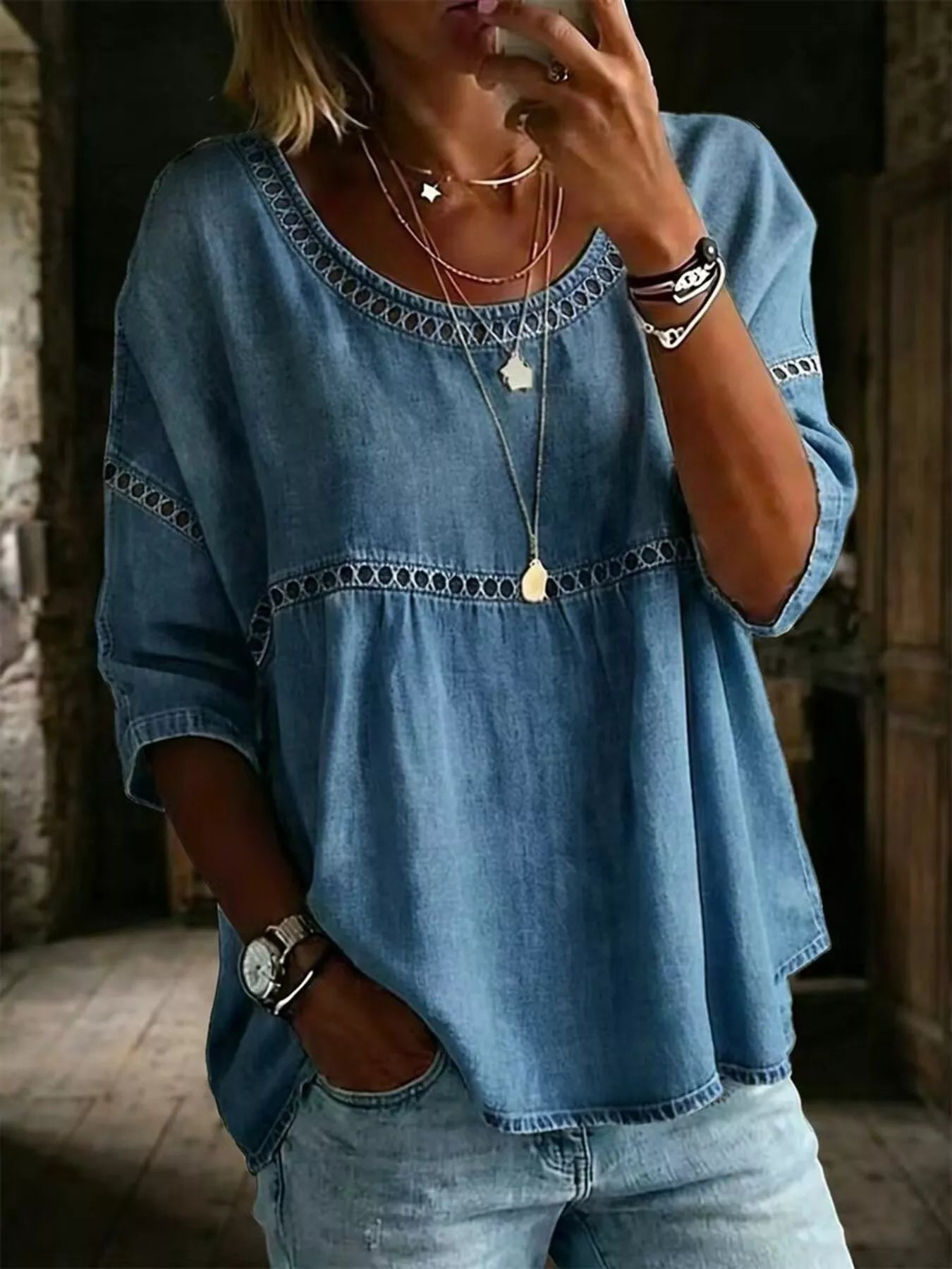 Full Size Hollow Out Round Neck Top Plus Size
