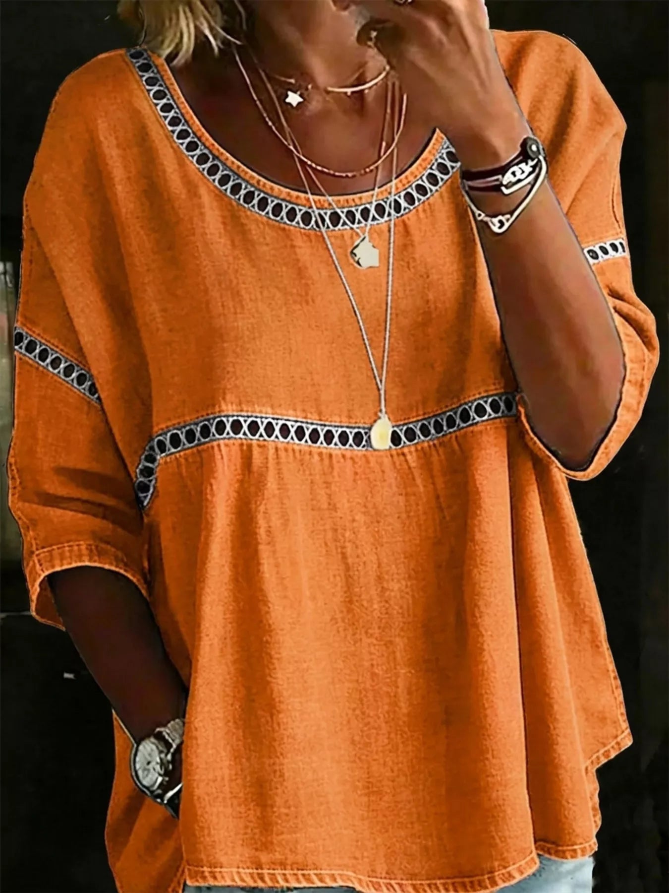 Full Size Hollow Out Round Neck Top Plus Size