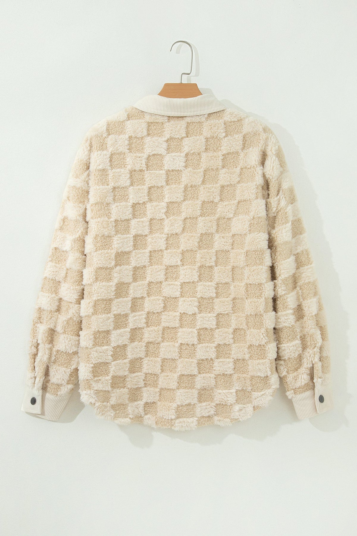 Checker Plush Fleece Corduroy Trim Buttoned Shacket