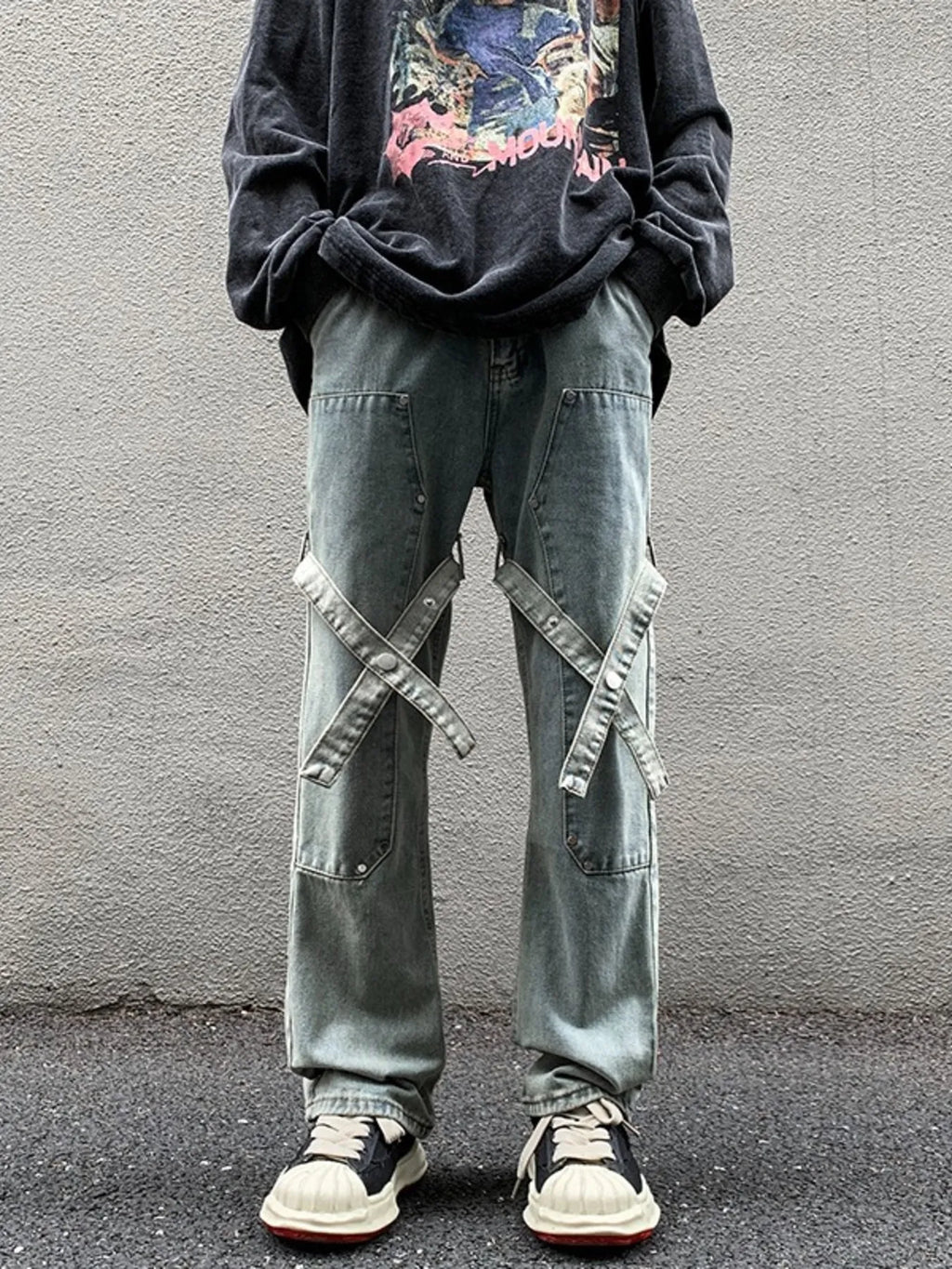 Men's Full Size Cross Strap Embellished Jeans Plus Size