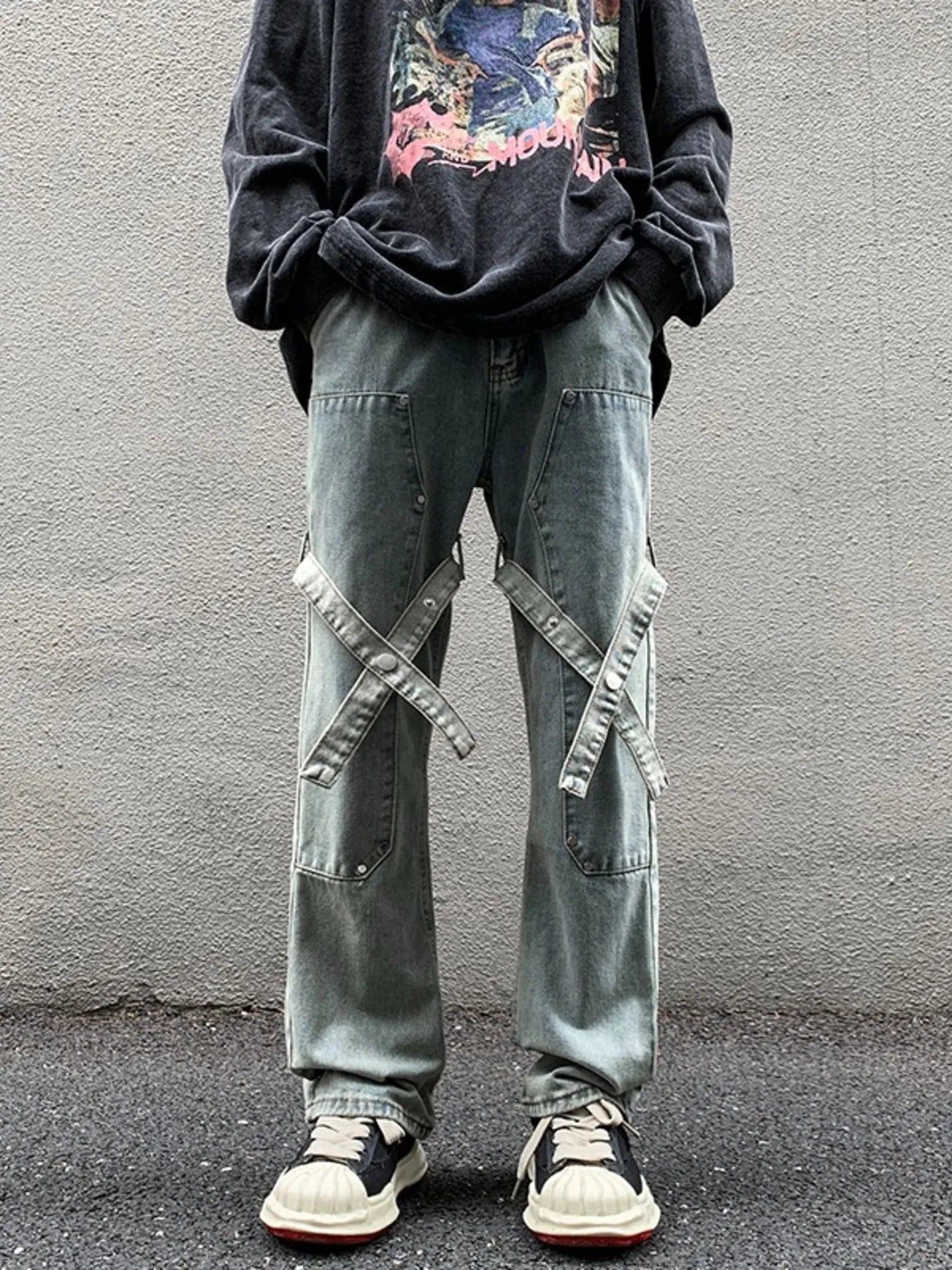 Men's Full Size Cross Strap Embellished Jeans Plus Size