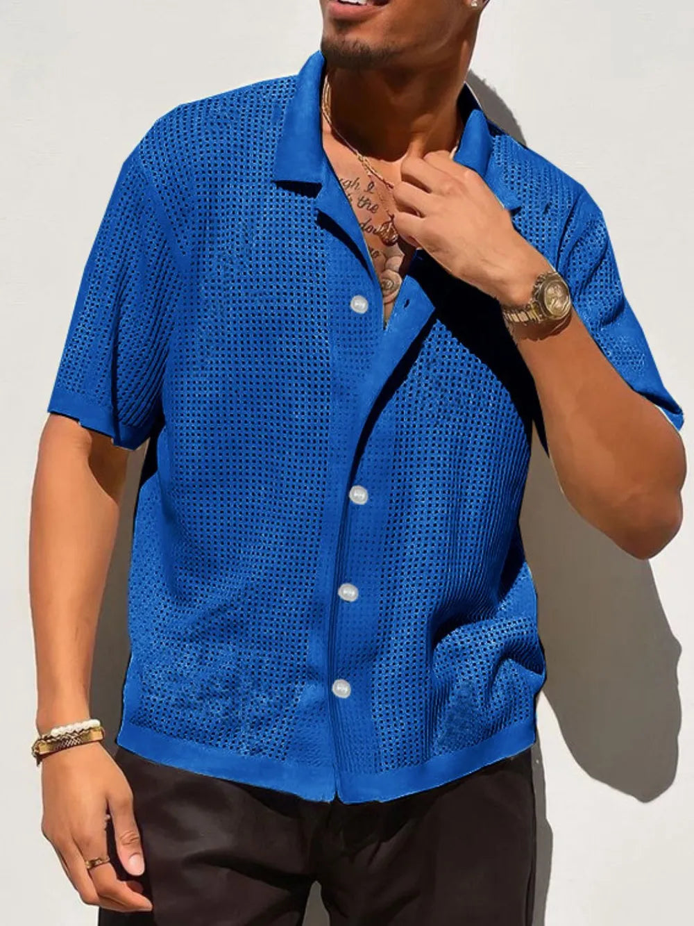 Men's Full Size Openwork Button Down Collared Neck Shirt Plus Size