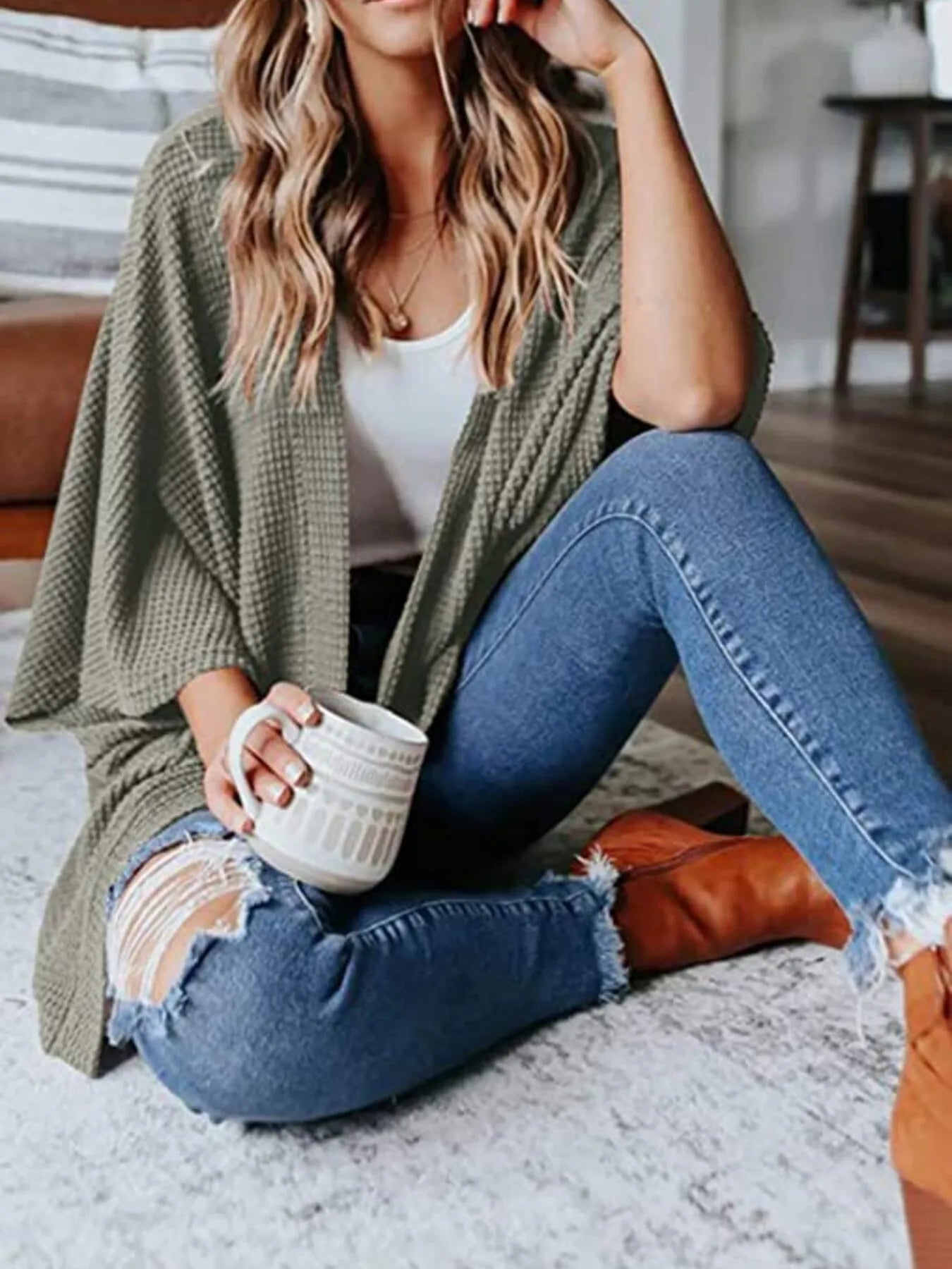 Full Size Open Front Waffle Knit Cardigan Plus Size