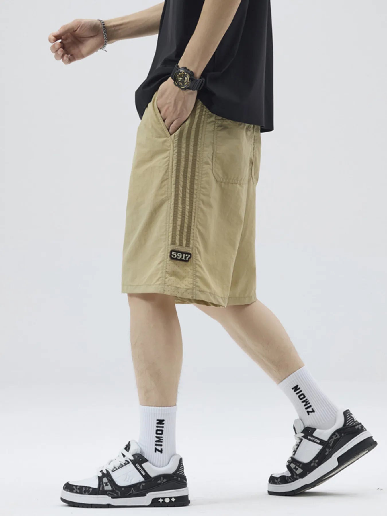 Men's Full Size Casual Loose-Fit Drawstring Shorts with Stripe Detail Plus Size