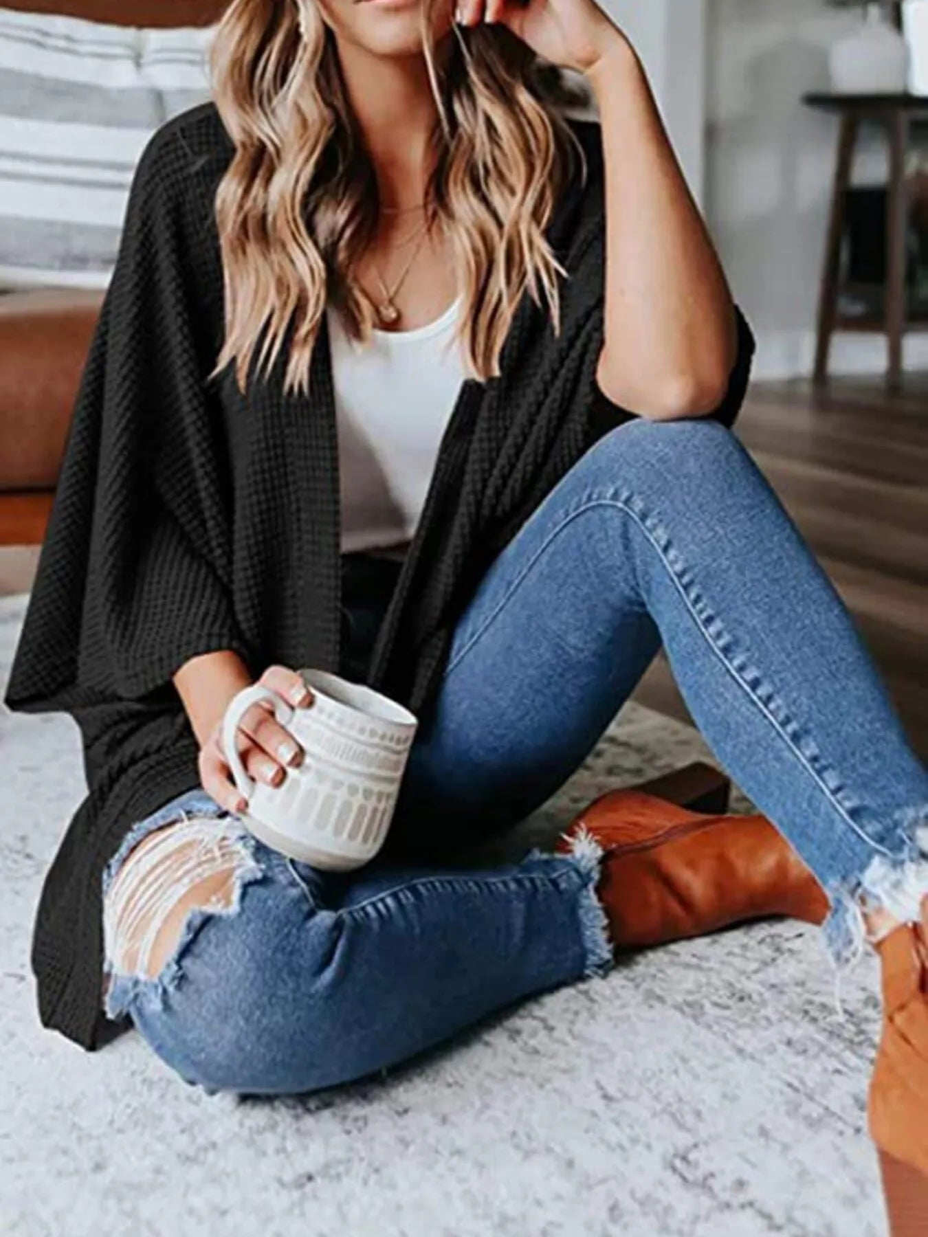 Full Size Open Front Waffle Knit Cardigan Plus Size