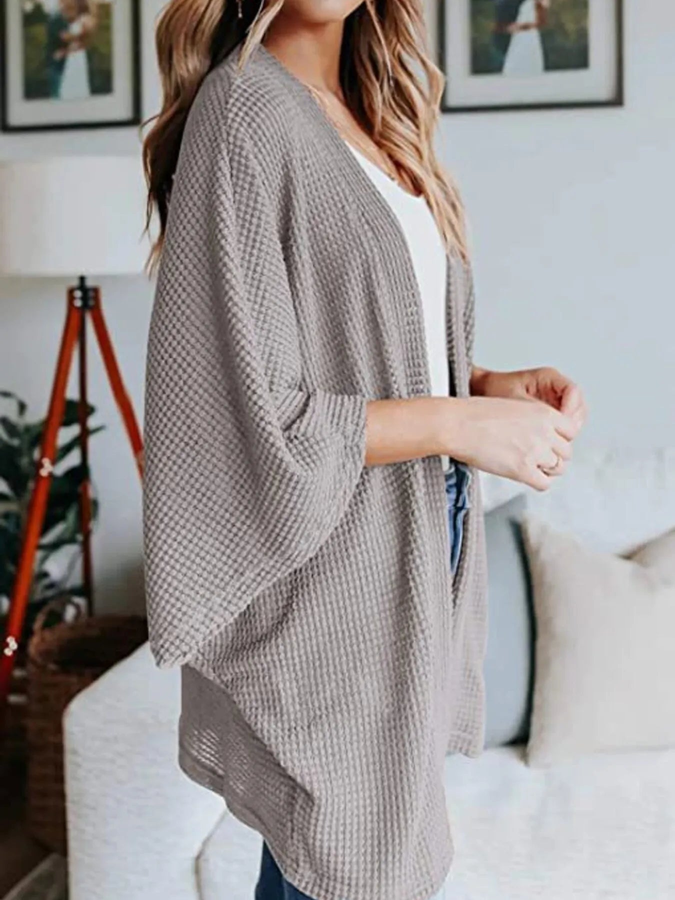 Full Size Open Front Waffle Knit Cardigan Plus Size