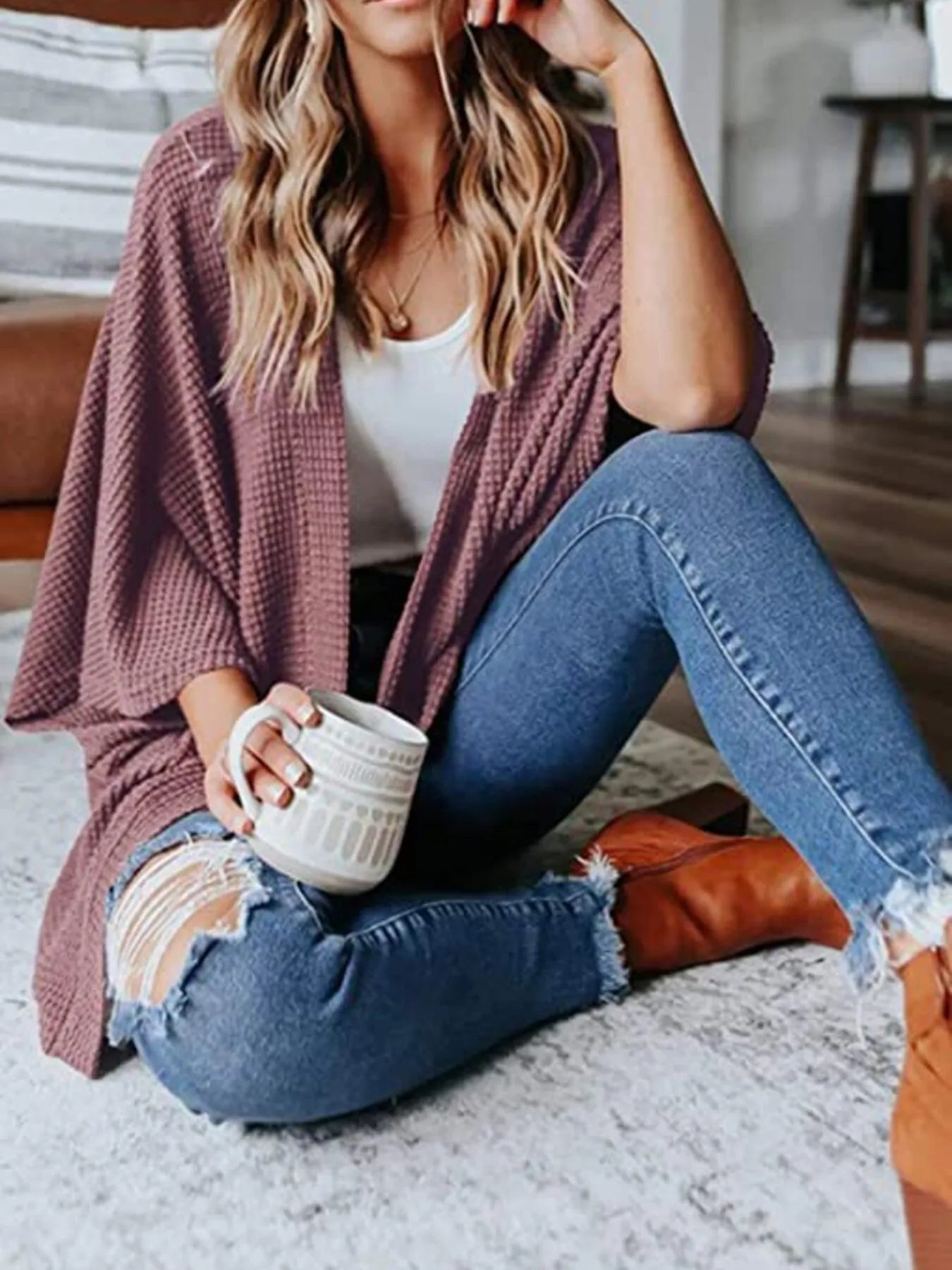 Full Size Open Front Waffle Knit Cardigan Plus Size