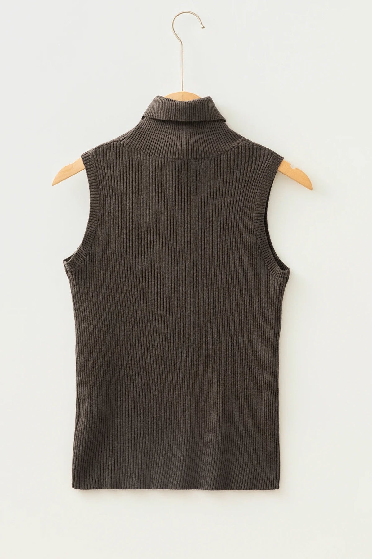 Solid Ribbed Knit Turtleneck Sleeveless Top