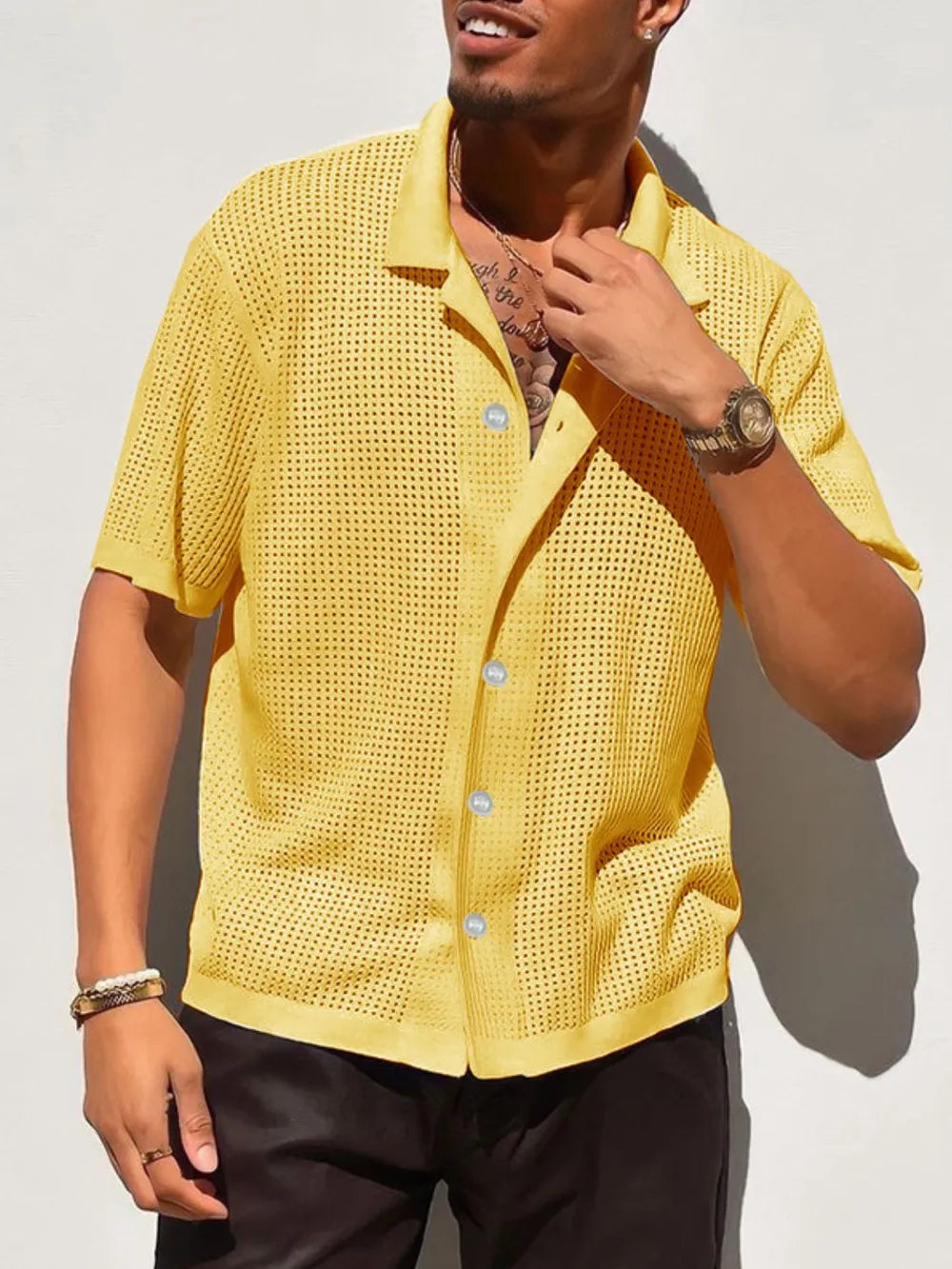 Men's Full Size Openwork Button Down Collared Neck Shirt Plus Size