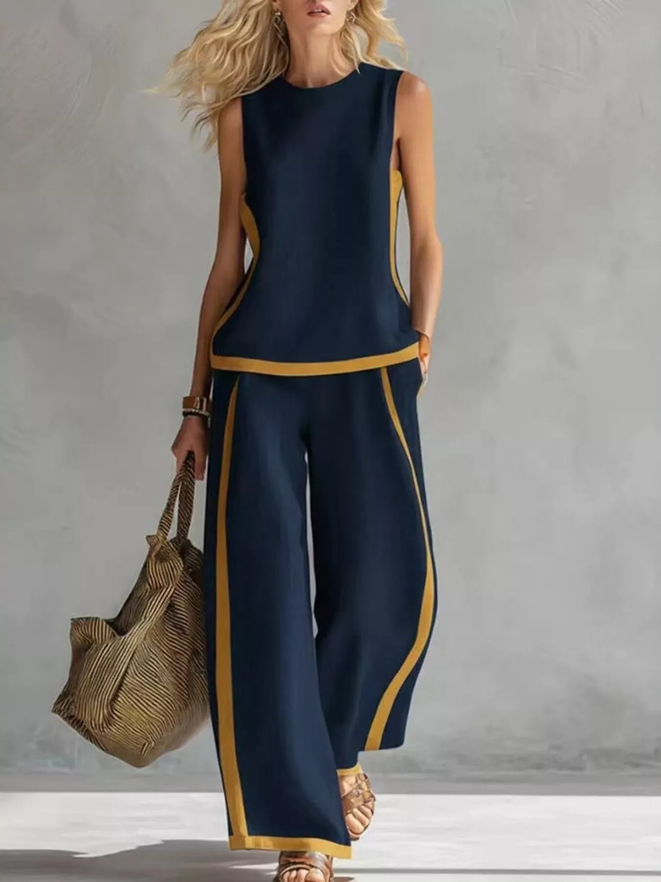 Full Size Contrast Stripe Sleeveless Top & Wide-Leg Pants Set Plus Size
