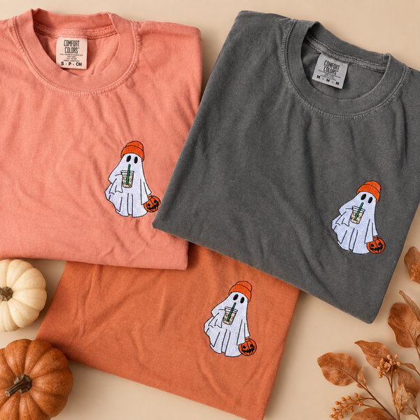 Adult Embroidered Iced Coffee Ghost Comfort Colors Tee - more colors