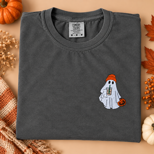 Adult Embroidered Iced Coffee Ghost Comfort Colors Tee - more colors