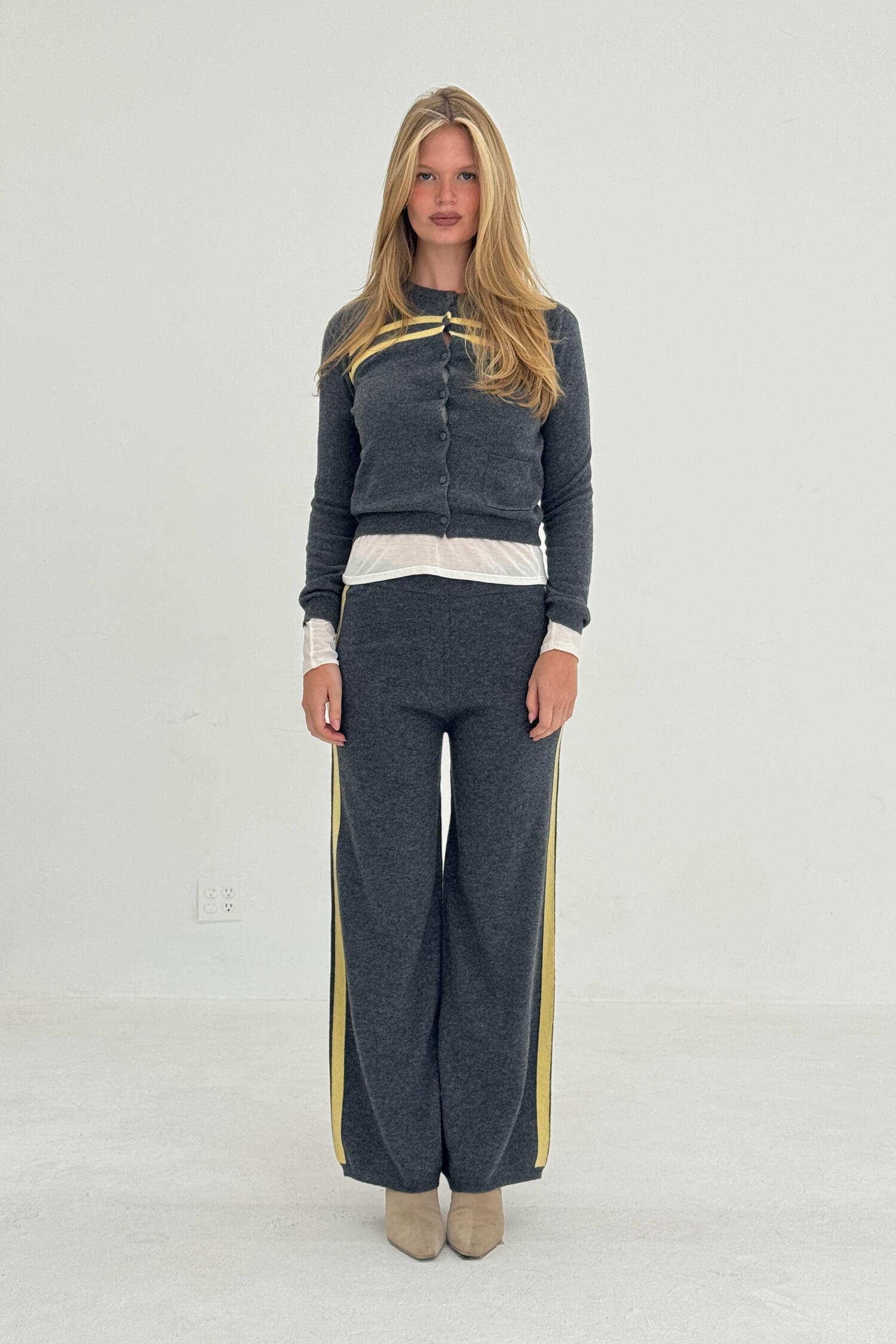 Cashmere Wool Stripe Cardigan in Charcoal/Butter