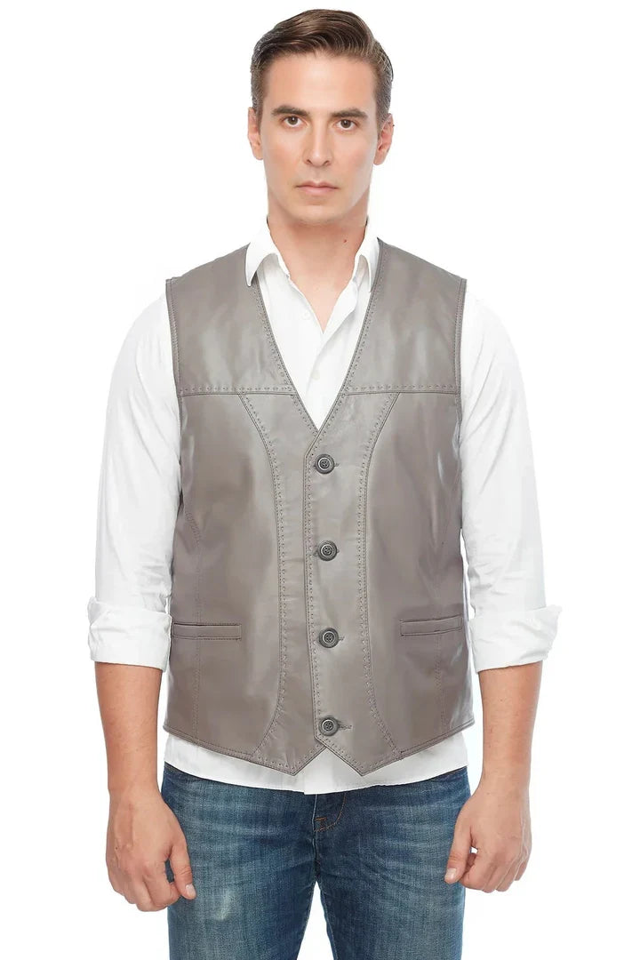 Izaiah Grey Leather Vest for Men