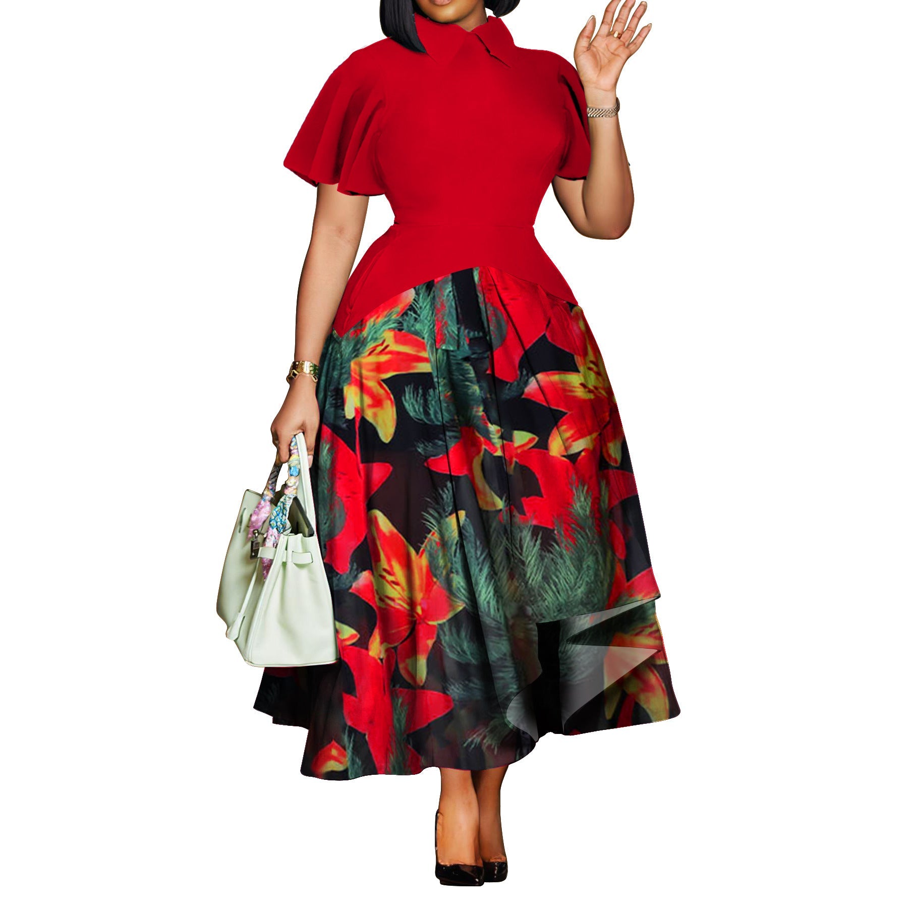 Plus Size Women Clothing Summer Fashionable Elegant Collared Ruffle Sleeve Dress Large Swing African Dress With pockets
