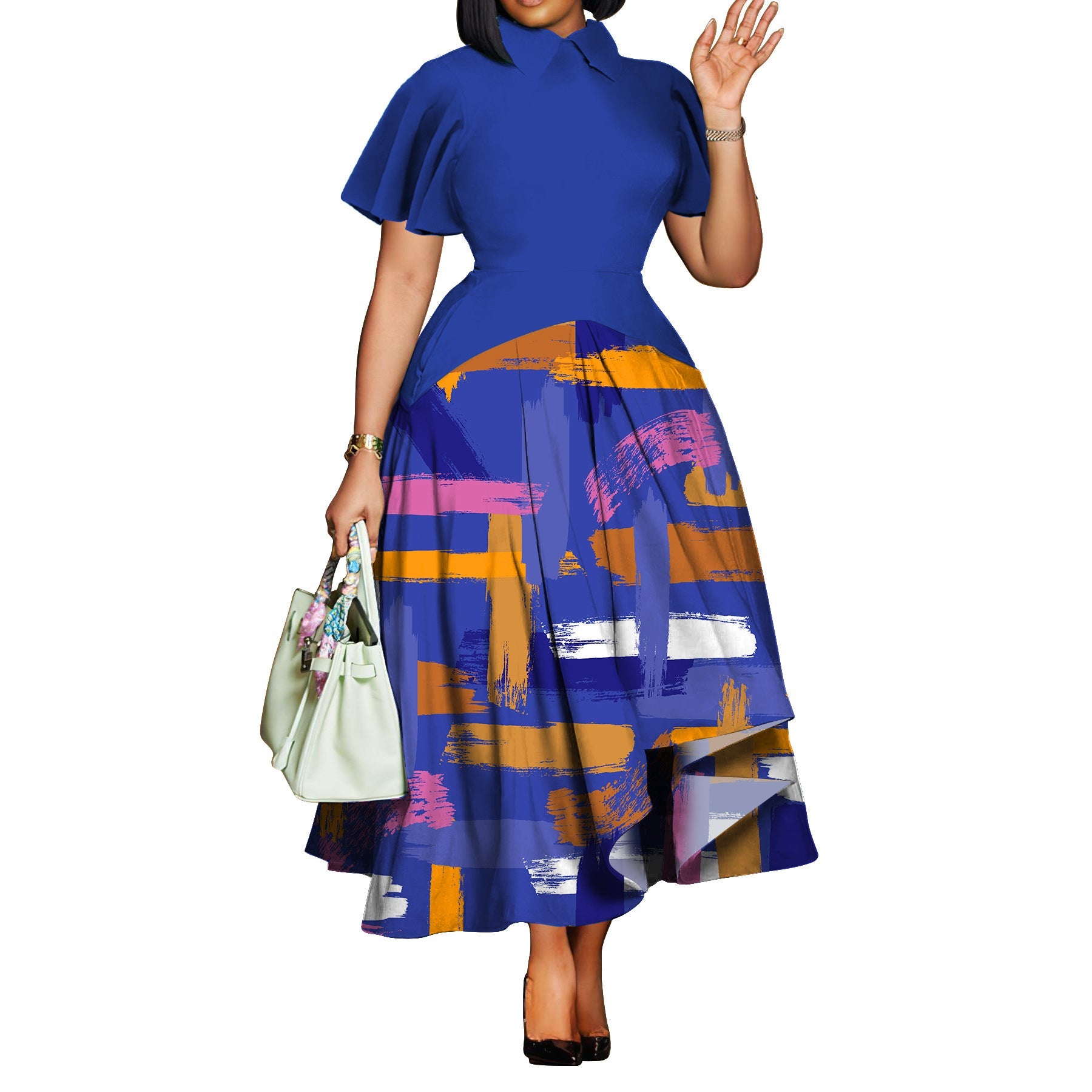 Plus Size Women Clothing Summer Fashionable Elegant Collared Ruffle Sleeve Dress Large Swing African Dress With pockets