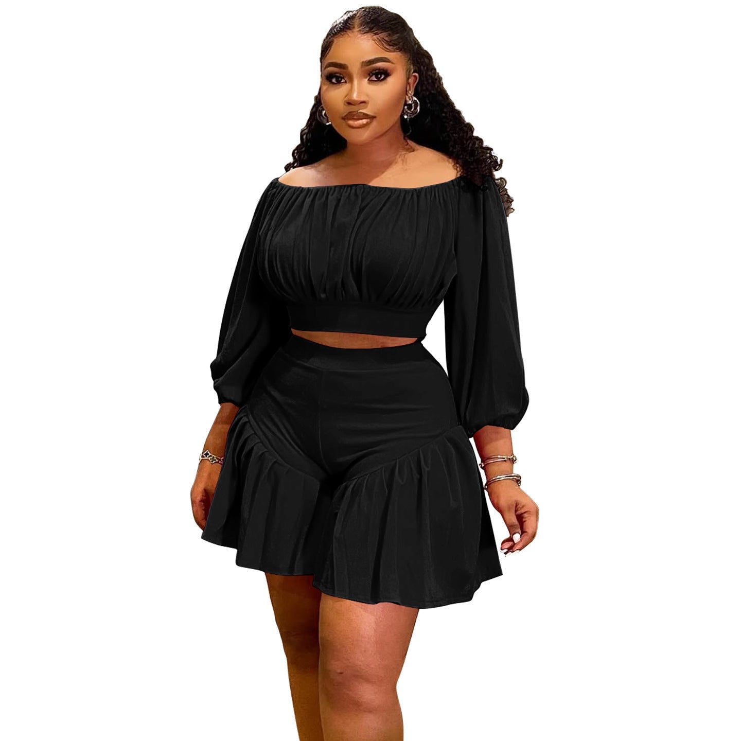 plus Size Women Clothing Pleated off Neck Fluffy Waist Trimming Casual Two Piece Sets