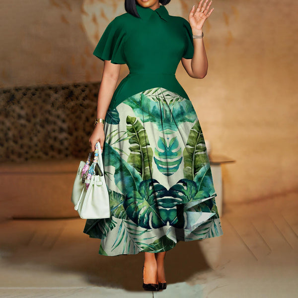 Plus Size Women Clothing Summer Fashionable Elegant Collared Ruffle Sleeve Dress Large Swing African Dress With pockets