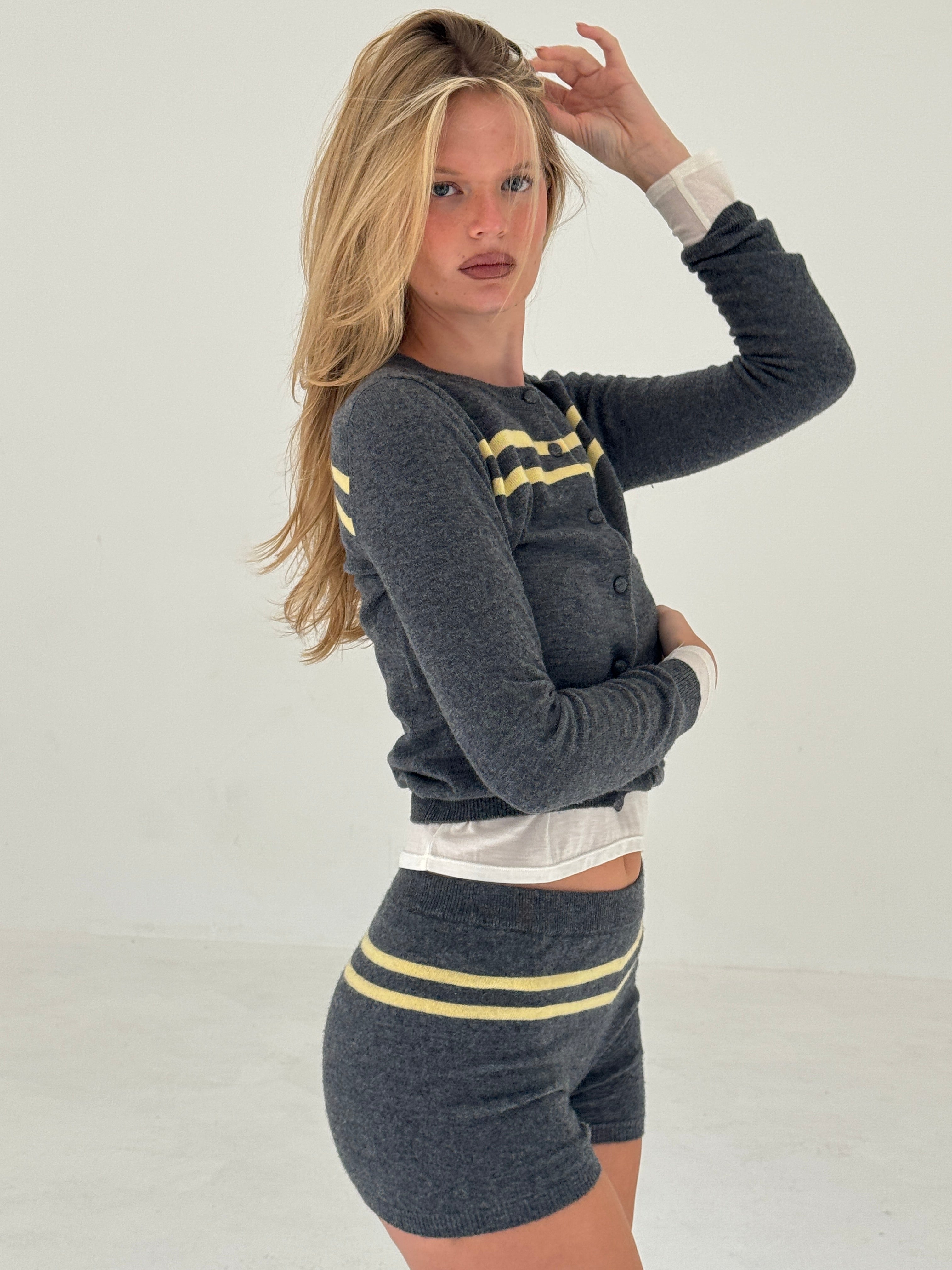 Cashmere Wool Stripe Cardigan in Charcoal/Butter