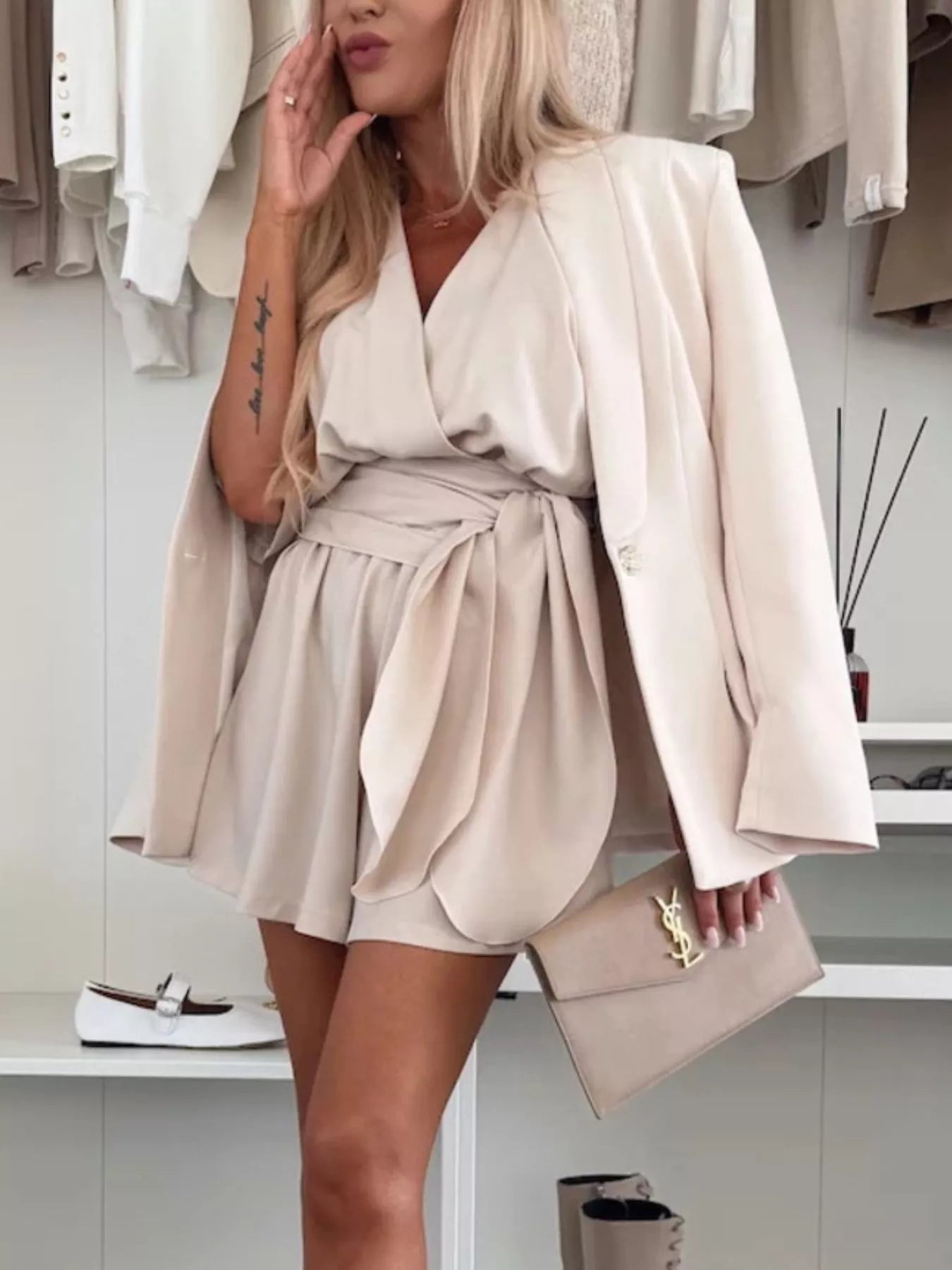 Full Size Surplice Tie Waist Romper Plus Size