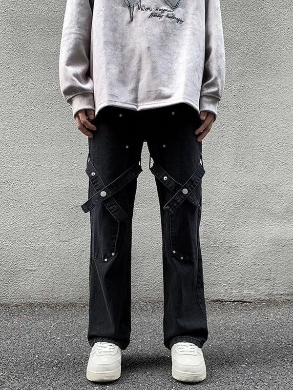 Men's Full Size Cross Strap Embellished Jeans Plus Size