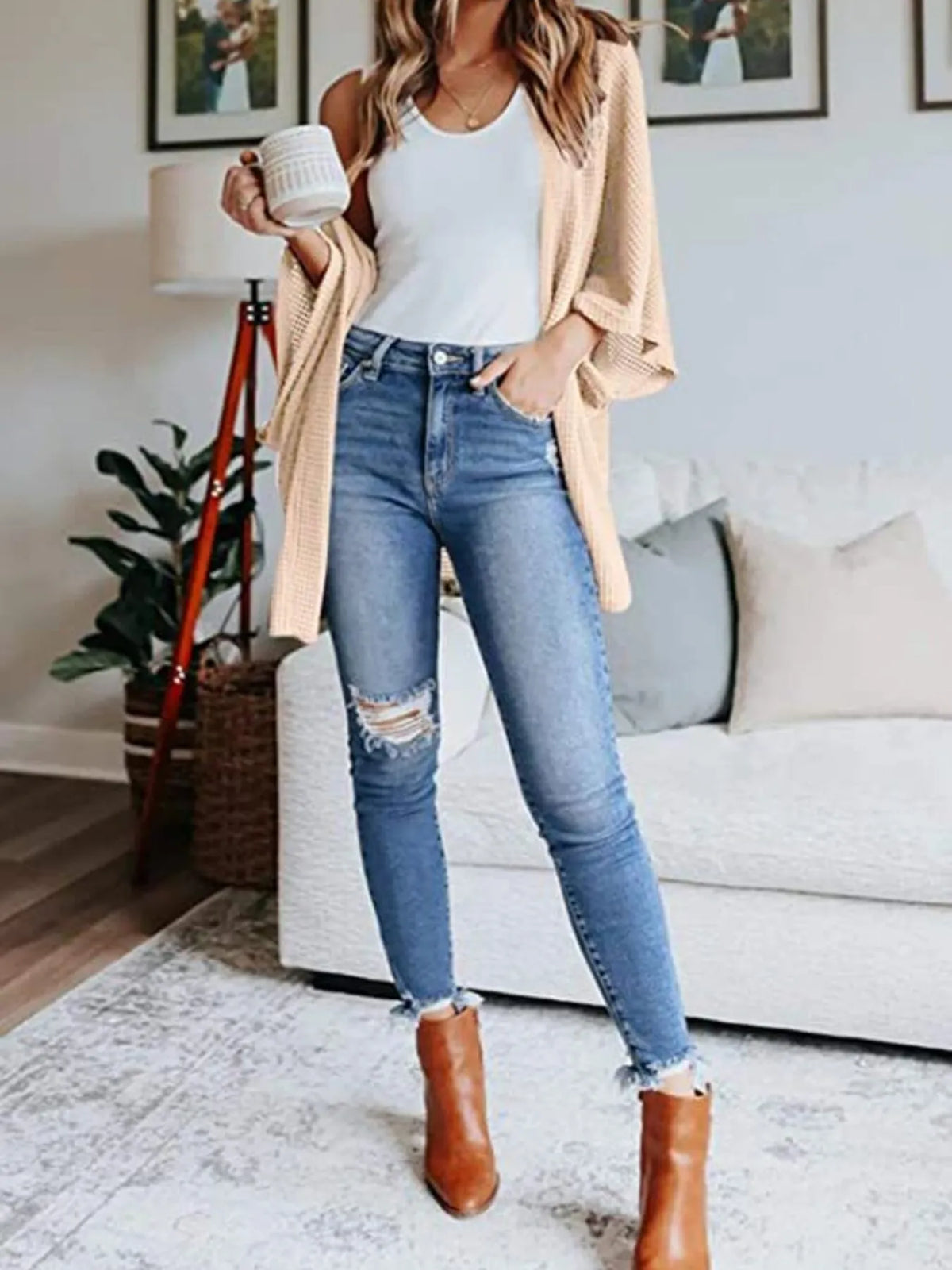 Full Size Open Front Waffle Knit Cardigan Plus Size