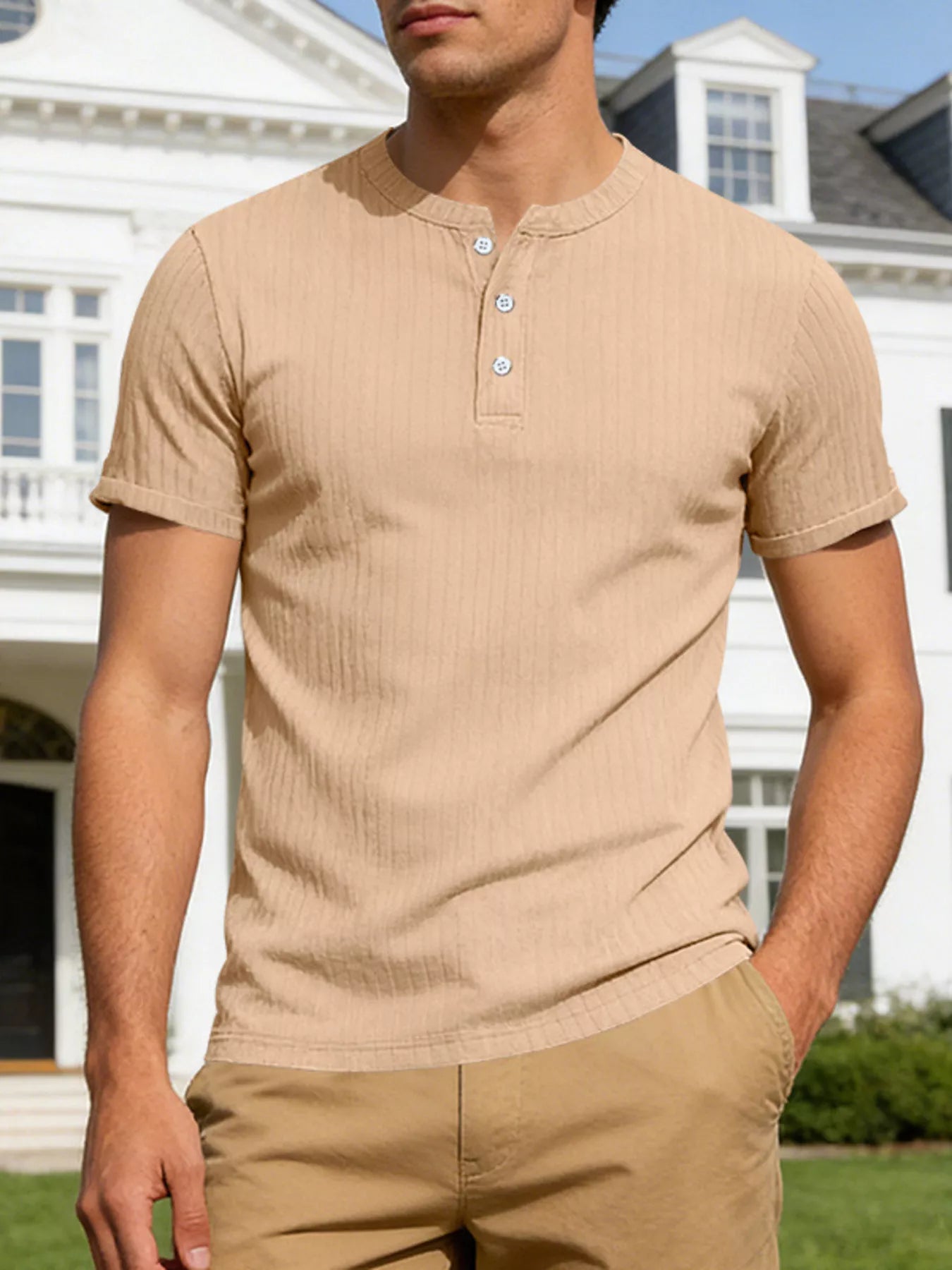 Men's Full Size Casual Ribbed Henley T-Shirt Plus Size