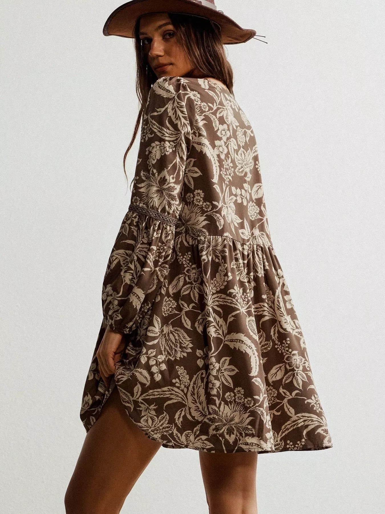 Plus Size Printed Notched Long Sleeve Dress