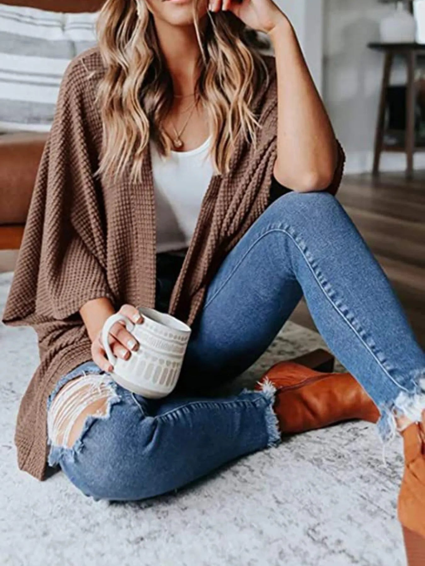 Full Size Open Front Waffle Knit Cardigan Plus Size