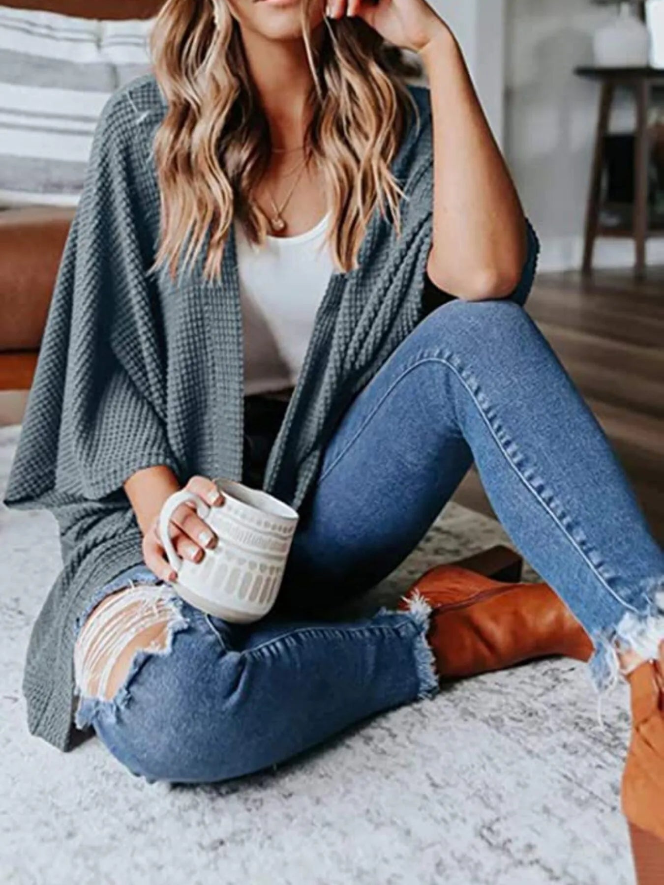 Full Size Open Front Waffle Knit Cardigan Plus Size