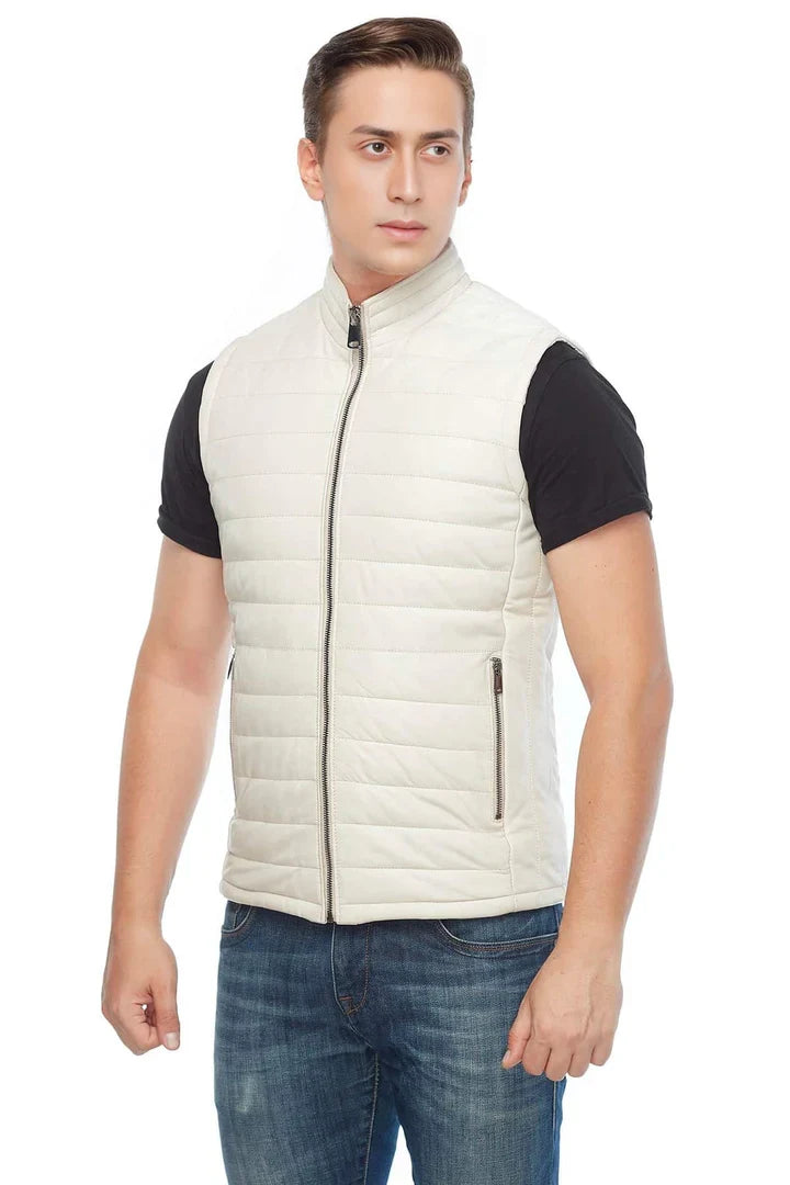 Alexander White Puffer Leather Vest for Men
